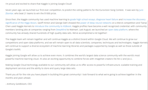 谷歌收购数据科学公司Kaggle 增强机器学习和AI业务